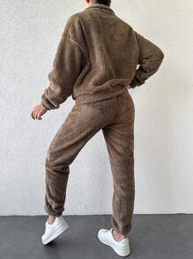 EURMUSE Half Zip Drop Shoulder Teddy Sweatshirt & Pants - Brown - View 2