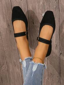 女士方頭天鵝絨芭蕾平底鞋,帶後跟,輕巧,法式芭蕾舞鞋適用於春秋季 - 黑色 - 查看 5