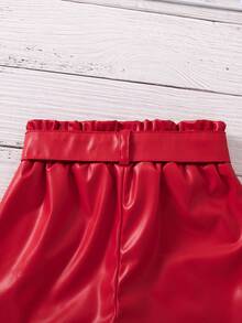 SHEIN 小女孩 Pu 皮短褲(配皮帶) - 紅色 - 查看 5