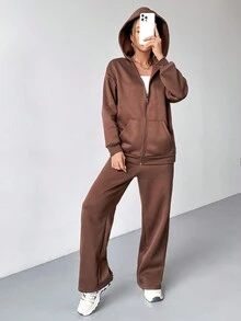 SHEIN EZwear 下垂肩拉鍊連帽衫和運動長褲 - 咖啡棕 - 查看 4