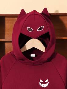 SHEIN 青少年男孩卡通图案3D耳朵设计卫衣 - 酒紅色 - 查看 5