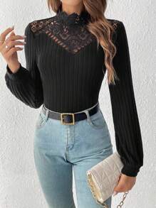 SHEIN Frenchy Lace Patchwork & Mesh Stitching Knitted Women's T-Shirt - Black - View 3