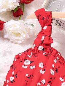 SHEIN Girls' Full Printed Floral Pattern Asymmetric Hem Cami Dress With Ruffle Trim - Red - View 4