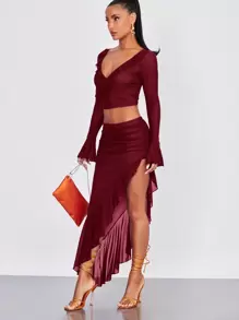 SHEIN BAE Ruched Asymmetrical Ruffle Hem Skirt - Burgundy - View 6
