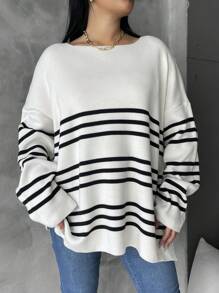 SHEIN Cottnline Kích thước lớn Sọc Thả vai Áo len - Màu be - Xem 4