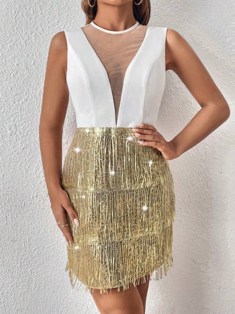 SHEIN Unity Vestido de malla en contraste ribete con fleco - Multicolor - Añade 3