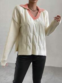 SHEIN LUNE Của phụ nữ Nối Cổ bò Xoắn Dan Thả vai Cái nĩa cao Hem Áo len - Nhiều màu - Xem 6