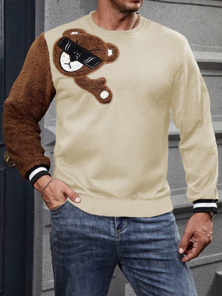 Men Plus Cartoon Bear Embroidery Fleece Patchwork Sleeve Sweatshirt