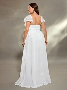 女款大尺碼 V 領雙肩蕾絲胸前荷葉邊拼布雪紡 A 字婚紗婚紗 - 白色 - 查看 2
