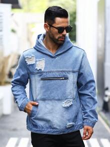 Manfinity LEGND Loose Fit Men's Distressed Hooded Denim Jacket With Kangaroo Pocket - Medium Wash - View 5