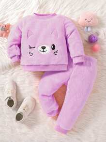 女嬰嬰兒卡通刺繡絨毛衛衣和褲子