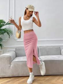 SHEIN Clasi Women's High Split Mid-length Skirt - Pink - View 5