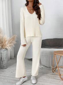 SHEIN Essnce Women's V-neck Drop Shoulder Sweater 2pcs/set - Apricot - View 4