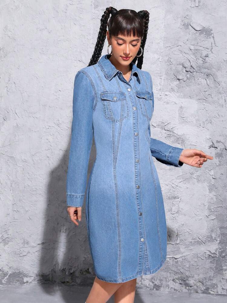 Women's Denim Shirt Dress With Flap Pockets
