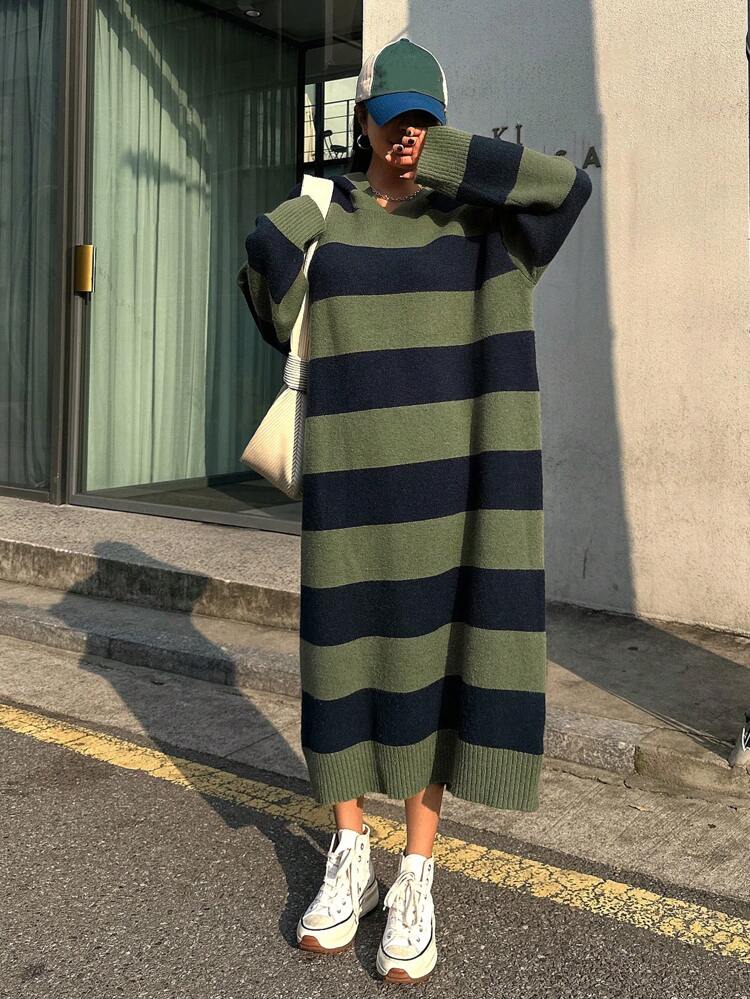 Women's Dual Color Striped Hooded Sweater Dress,Fall Clothes
