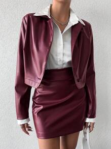 EURMUSE Solid PU Jacket & Skirt - Burgundy - View 5