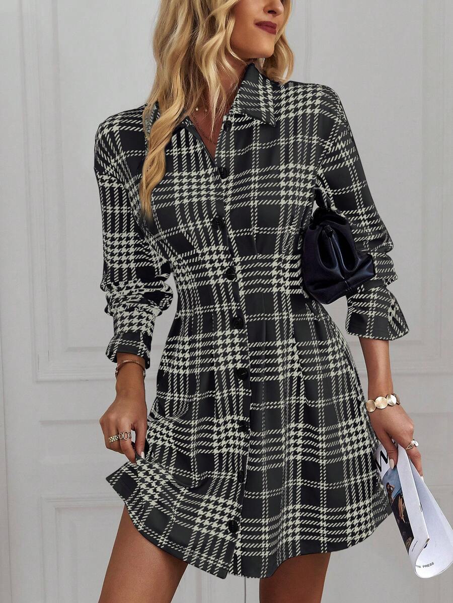 SHEIN Clasi Plaid Single Breasted Dress - Black - View 1