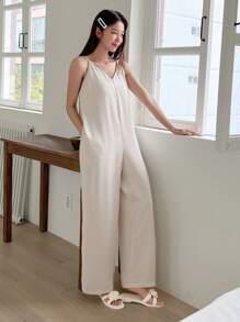 DAZY Chất rắn Túi nghiêng Bộ đồ ngủ Cami - Màu be - Xem 1