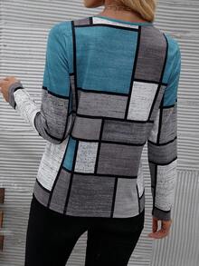 EMERY ROSE Women's Asymmetrical Collar & Button Detail Colorblock T-shirt - Multicolor - View 2