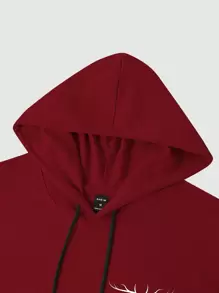 Manfinity Hypemode 男式连帽运动衫，带袋鼠口袋和鹿角图案，时代，长袖，图形，朋友 - 酒紅色 - 查看 5