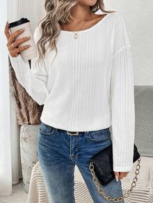 SHEIN LUNE Button Back Drop Shoulder Women's T-shirt - White - View 2