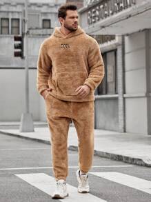 EASEVO Men Plus Letter Embroidery Kangaroo Pocket Teddy Hoodie & Pants - Khaki - View 1