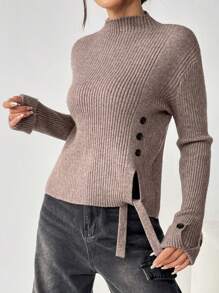 SHEIN Unity Sweater With Drop Shoulder And Button Details Knit Pullover Fall Winter Sweater - Coffee Brown - View 6