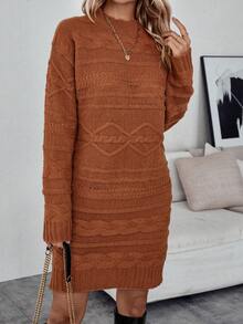 SHEIN LUNE Màu thuần Dệt kim Tay áo dài Đầm Áo len - Rỉ Nâu - Xem 4