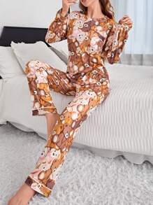 Women's Bear Pattern Pajamas Set - Multicolor - View 3