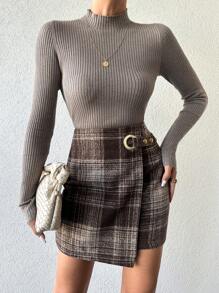 EURMUSE Ladies' Plaid Skirt With Metal Buckle - Brown - View 3