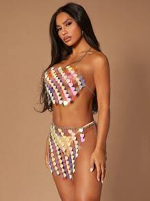 SHEIN SXY Đồ trang trí tấm lóng lánh Áo hai dây & Nút ven Bộ váy - Hồng - Xem 4