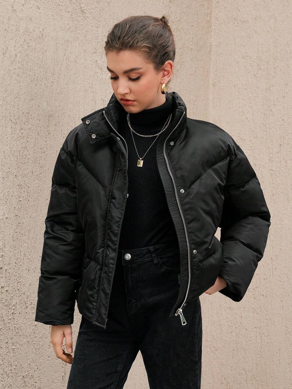 Black Casual Versatile Stand Collar Jacket, Winter