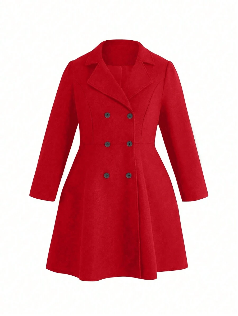 SHEIN Frenchy Solid Color Turn-down Collar Double-breasted Woolen Coat - Red - View 1