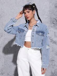 SHEIN PETITE Women'S Frayed Edge Cargo Pockets Denim Jacket - Light Wash - View 3