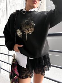 RueChic Plus 1pc Dandelion Print Drop Shoulder Sweatshirt - Black - View 3