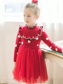 Trẻ Cô gái Hình trái tim Đầm Áo len Với Lưới Hem Và Chi tiết Frill - Đỏ - Xem 4