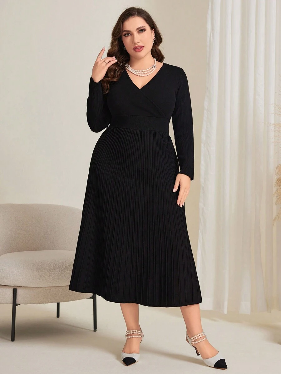 Modelyn 加大碼黑色v領毛衣連衣裙,腰部收緊設計 - 黑色 - 查看 1