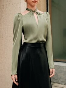 Solid Color Hollow Out Puff sleeve Shirt - Army Green - View 7