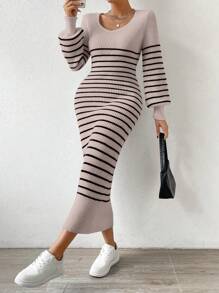 SHEIN Essnce 女用條紋燈籠袖長毛衣洋裝 - 藕粉色 - 查看 1