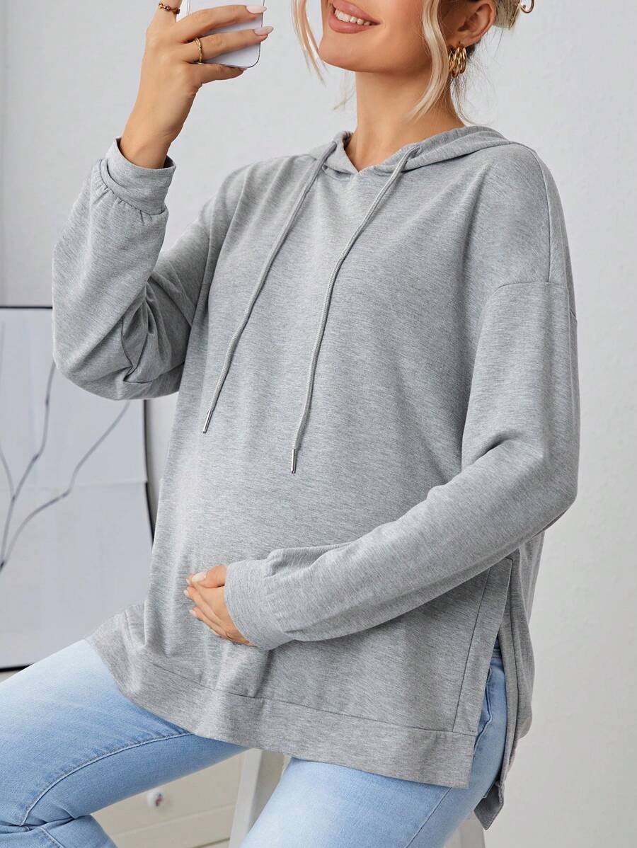SHEIN Áo nỉ bầu vai rớt, xẻ gấu, có dây rút - Màu Xám nhạt - Xem 1