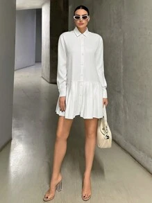 SHEIN Essnce 女士長袖襯衫領連身裙 - 白色 - 查看 4