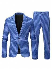 Manfinity 男士條紋單扣西裝外套和褲子(不含襯衫) - 藍色 - 查看 3