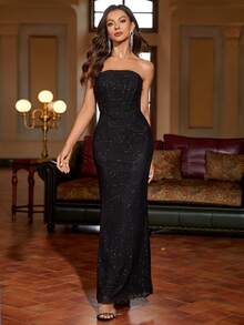 PARTHEA 鱼骨褶皱亮片网纱无肩带长裙，优雅大方，适合鸡尾酒会、半正式舞会、婚礼宾客着装，也适合生日、毕业典礼、晚宴、返校派对等场合，春季黑色 - 黑色 - 查看 3