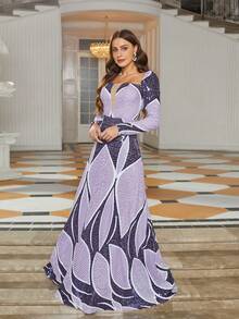 Missord Women's Elegant Colorblock Sequin Square Neck Formal Evening Gown - Purple - View 6