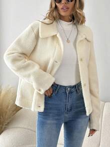 SHEIN LUNE Solid Button Front Teddy Jacket - Apricot - View 3