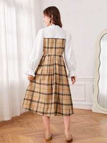 SHEIN 青少年女孩格紋印花荷葉袖洋裝不附腰帶