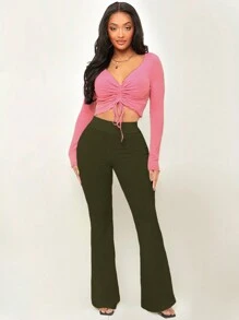 SHEIN SXY Chất rắn Quần ống loe - xanh quân đội - Xem 3