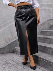 SHEIN Unity Plus Split Thigh PU Leather Skirt - Black - View 3