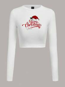 SHEIN EZwear In Giáng sinh Áo phông Crop - trắng - Xem 1