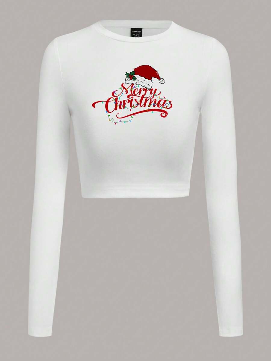 SHEIN EZwear In Giáng sinh Áo phông Crop - trắng - Xem 1
